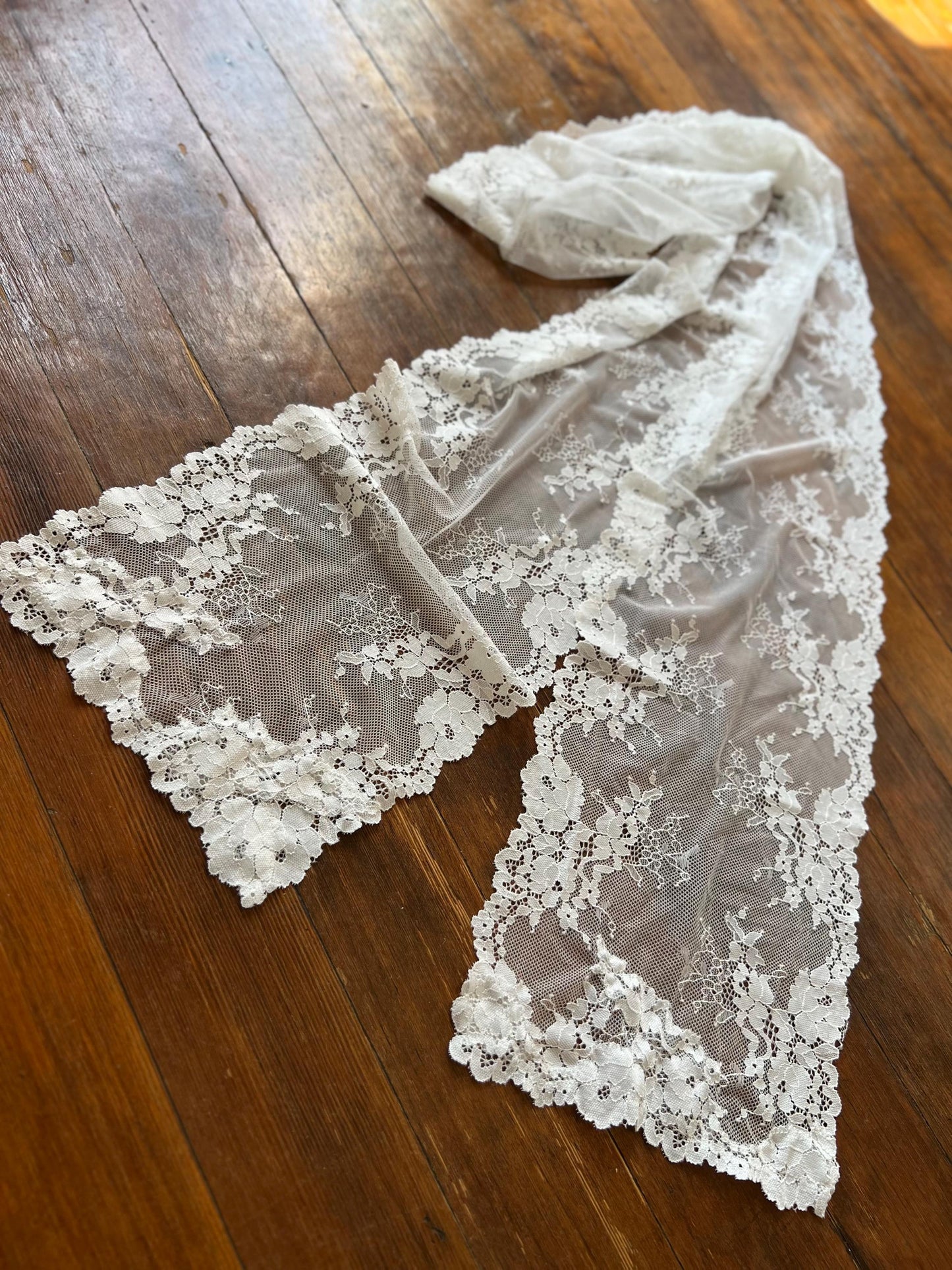 LACE EMBRACE | Lace Edge Bridal Scarf, Knee Length Wedding Shawl